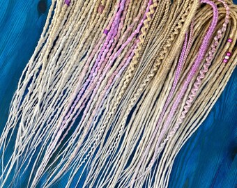 Ombre blond full set double ended dreadlocks and braids lilac shades - Synthetic DE dreads hair extensions long, natural look, soft and thin