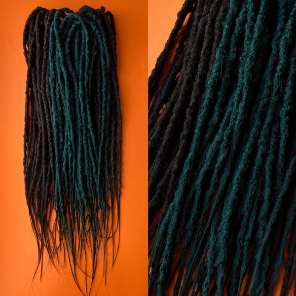 Deep Brown synthetic dreadlocks hair extensions green accents - Double ended dreads and braids mix long, natural look, soft and thin