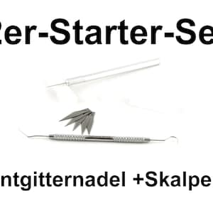 Könnte beinhalten: Ein Starter-Set für Basteln und Hobbys, bestehend aus einem silberfarbenen Skalpell mit austauschbaren Klingen und einer silberfarbenen Entlötnadel. Das Set ist mit "2er-Starter-Set Entgitternadel + Skalpell" beschriftet.
