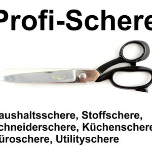 Könnte beinhalten: Eine Schere mit schwarzen Griffen und silbernen Klingen. Die Schere ist mit "Profi-Schere" beschriftet und wird als Haushalts-, Stoff-, Küchen-, Büro- und Universalschere beschrieben.