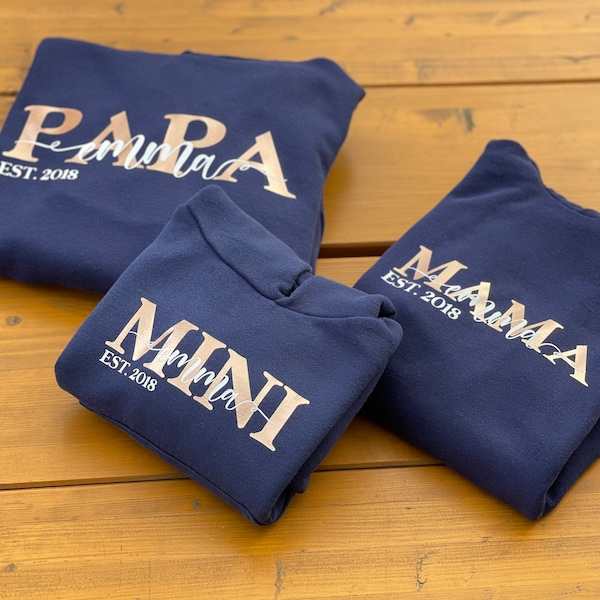 MAMA + PAPA + MINI 3er Hoody Set / personalisierte Mama & Papa Hoodys / Geschenk / Vater/ Dad  / Mom / Kapuze Pullover / Familie / Baby