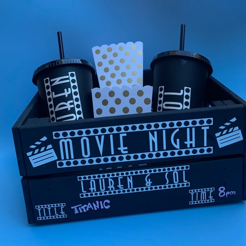 Movie Night Personalised Chalkboard Crate Movie & Time. Family Time, Date Night, Girls Night, Film Kids Party. Chalk Included VALENTINES