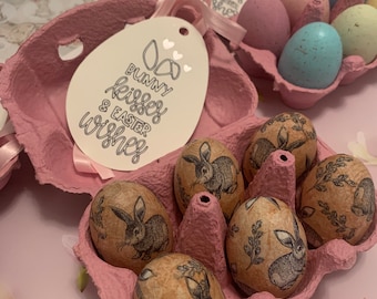 Decoupage wooden bunny rabbit design. Six eggs gift boxed. Easter Farmhouse Decor Spring. Blue Bee Design option spring display