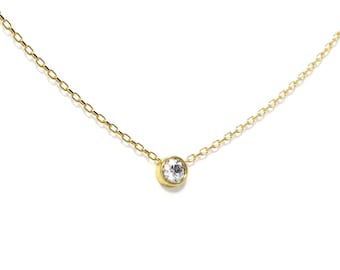 Solitaire Diamond Necklace | 14K Gold Diamond Bezel Necklace | Gold Diamond Solitaire Necklace | Attached Diamond On Chain | Gift For Her