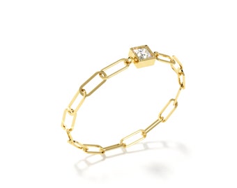 Anillo de clip de papel de diamante delgado / Anillo de oro de clip de papel / Anillo de piedra preciosa delicado en oro / Anillo de cadena de oro de 14 quilates / Anillo minimalista / Regalo para ella