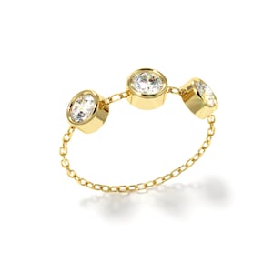 3 Diamonds Chain Ring | Dainty Gemstone Ring in Gold | Solid Gold Minimalist Ring | 14K Gold Chain Ring | Diamond Bezel Chain Ring | Chain