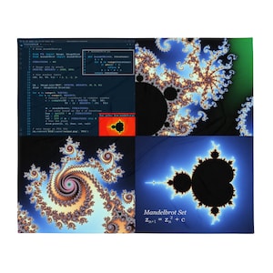 May include: A colorful image showing the Mandelbrot set, a fractal pattern created by a mathematical formula. The image is divided into four sections, each showing a different zoom level of the fractal. The code for generating the fractal is shown in the top left corner of the image. The formula for the Mandelbrot set is shown in the bottom right corner of the image.