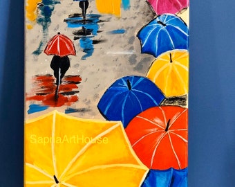 Umbrella rainy day painting. Colorful acrylic painting .wall decor .