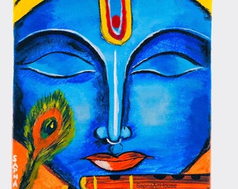 Krishna painting , Indian painting , Hindu god , Indian wall decor , acrylic painting .