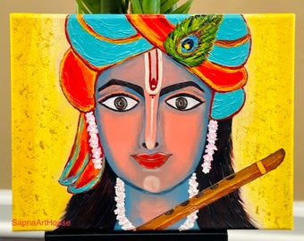 Shri Krishna with flute original painting , Hindu god . Indian art