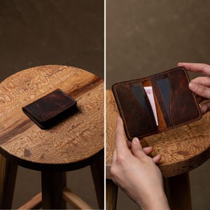 Cartera compacta unisex de cuero / Cartera de cuero plena flor hecha a mano / Tarjetero plegable delgado de regalo / Cartera minimalista para hombre y mujer