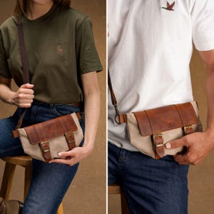 Bolso bandolera para hombre y mujer / Bolso de lona de piel auténtica hecho a mano / Bolso bandolera artesanal / Riñonera vintage / Regalo unisex