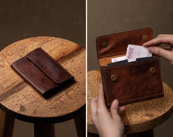 Cartera organizadora de cuero genuino hecha a mano, tarjetero delgado personalizado hecho a mano, monedero de diseño moderno con grabado.