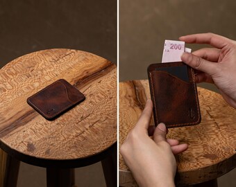 Tarjetero/Cartera vertical delgada de cuero de grano completo hecho a mano