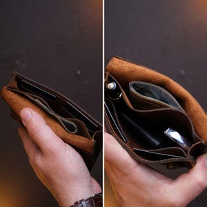 Cartera organizadora de cuero genuino hecha a mano, tarjetero delgado personalizado hecho a mano, monedero de diseño moderno con grabado. imagen 6