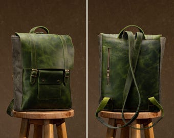 バックパック（ハンドメイド） ハンドメイドレザーラップトップバックパック：ワックスキャンバス