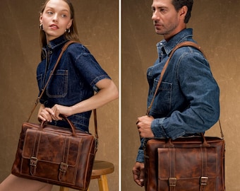 Handmade Full Grain Leather Laptop Briefcase: 16" Messenger Bag