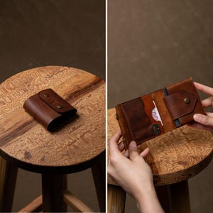 Portefeuille pliable en cuir à bouton-pression | Organiseur fait main en cuir pleine fleur | Portefeuille mince à bouton-pression pour homme et femme | Porte-cartes compact unisexe