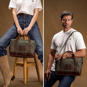 Sac messager en toile cirée | Porte-documents fait main avec poignées en cuir | Sacoche pour ordinateur portable en toile unisexe pour le travail et l'école | Sac pour ordinateur portable 13" - Étui