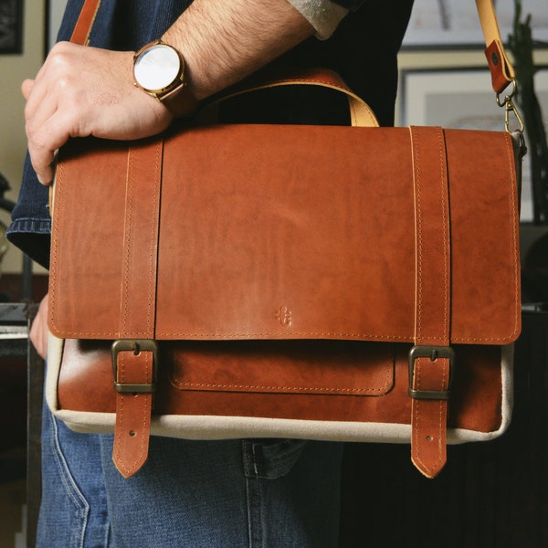 Handmade Leather Messenger Bag | 13" Notebook Macbook Bag | Unisex Genuine Leather Shoulder Crossbody Waxed Canvas Satchel Bag