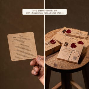May include: A close-up shot of several small, brown gift boxes tied with twine and sealed with red wax. A handwritten note is held in a hand. The text on the note is partially visible. The boxes are on a wooden surface. Text at the top reads: "Every Order Feels Like a Gift".