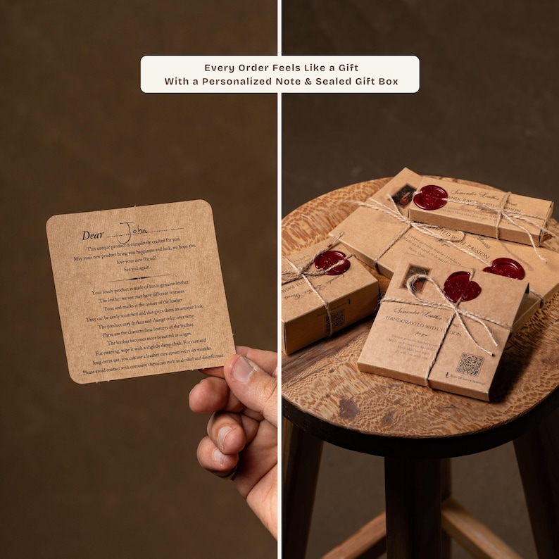 May include: A close-up shot of several small, brown gift boxes tied with twine and sealed with red wax. A handwritten note is held in a hand. The text on the note is partially visible. The boxes are on a wooden surface. Text at the top reads: "Every Order Feels Like a Gift".