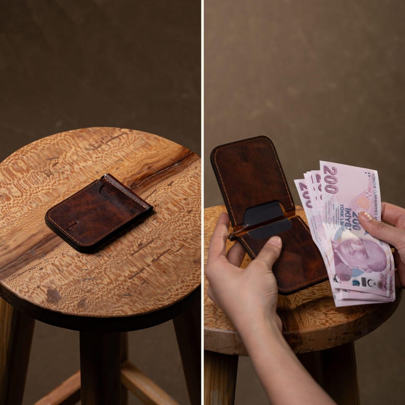 Cartera de cuero con clip para billetes / Tarjetero plegable práctico / Tarjetero delgado personalizado hecho a mano / Billetera hecha a mano con clip para billetes Brown