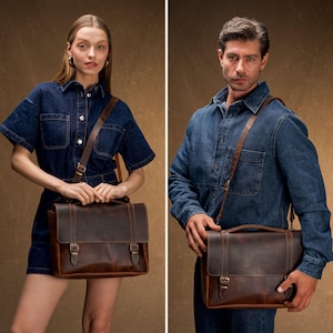 Maletín de piel auténtica hecho a mano para hombre / Bolso para portátil MacBook / Bolso bandolera artesanal / Bolso bandolera personalizado para mujer