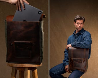 ハンドメイドレザーラップトップバックパック：ワックスキャンバス