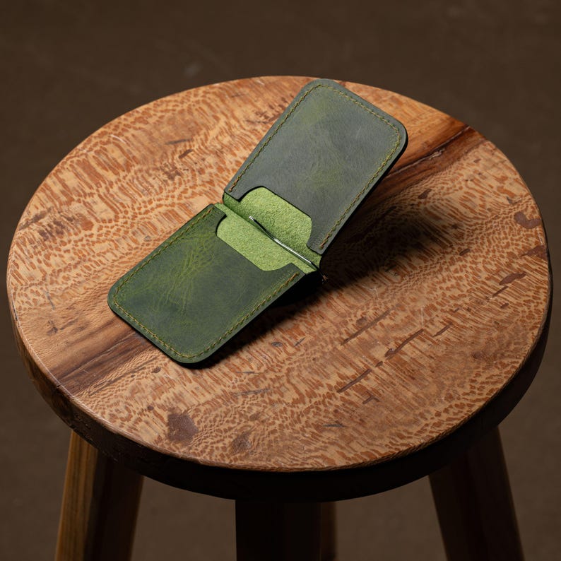 Cartera de cuero con clip para billetes / Tarjetero plegable práctico / Tarjetero delgado personalizado hecho a mano / Billetera hecha a mano con clip para billetes Green