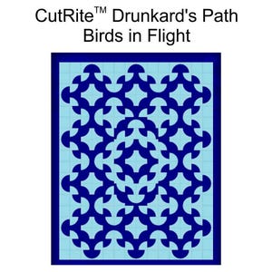 Puede incluir: Un bloque de colcha geométrico azul y blanco con el título "CutRite™ Drunkard's Path Birds in Flight".