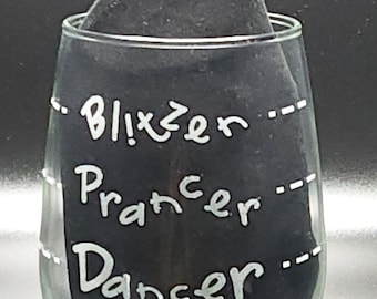 Prancer, Dancer, and Blitzen Stemless Wine Glass