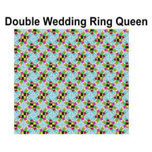 May include: A repeating pattern of interlocking rings in red, yellow, green, and blue on a light blue background. The rings are arranged in a grid pattern, creating a geometric design.