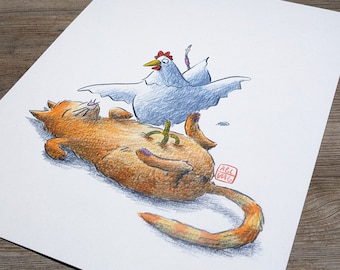 May include: A hand-drawn illustration of a white chicken standing on the back of a sleeping orange cat. The chicken is facing the left side of the image and has its wings spread out. The cat is lying on its back with its paws in the air. The illustration is done in pencil and colored with colored pencils.