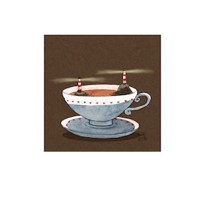 Tazza da tè con due fari - Leuchttürme illustrato da Friederike Ablang. Stampato e firmato. 12 x 12cm su carta da acquerello DIN A4.