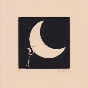 Moon Child. Edizione limitata di 11 stampe serigrafate, firmate e numerate. Stampa 8,6 x 8,6 cm su carta colorata naturale DIN A5.