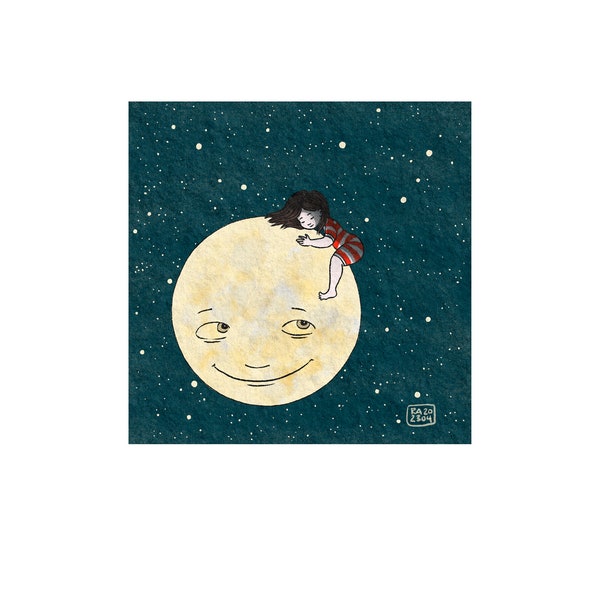 Sleeping on the Moon - auf dem Mond schlafen Illustrated by Friederike Ablang. Printed and signed. 12 x 12cm on DIN A4 watercolour paper.