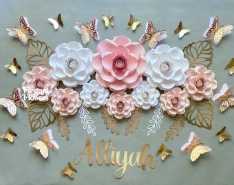 29 Piece Paper Flower Wall Decor Set, Pink Nursery Flowers, Butterflies