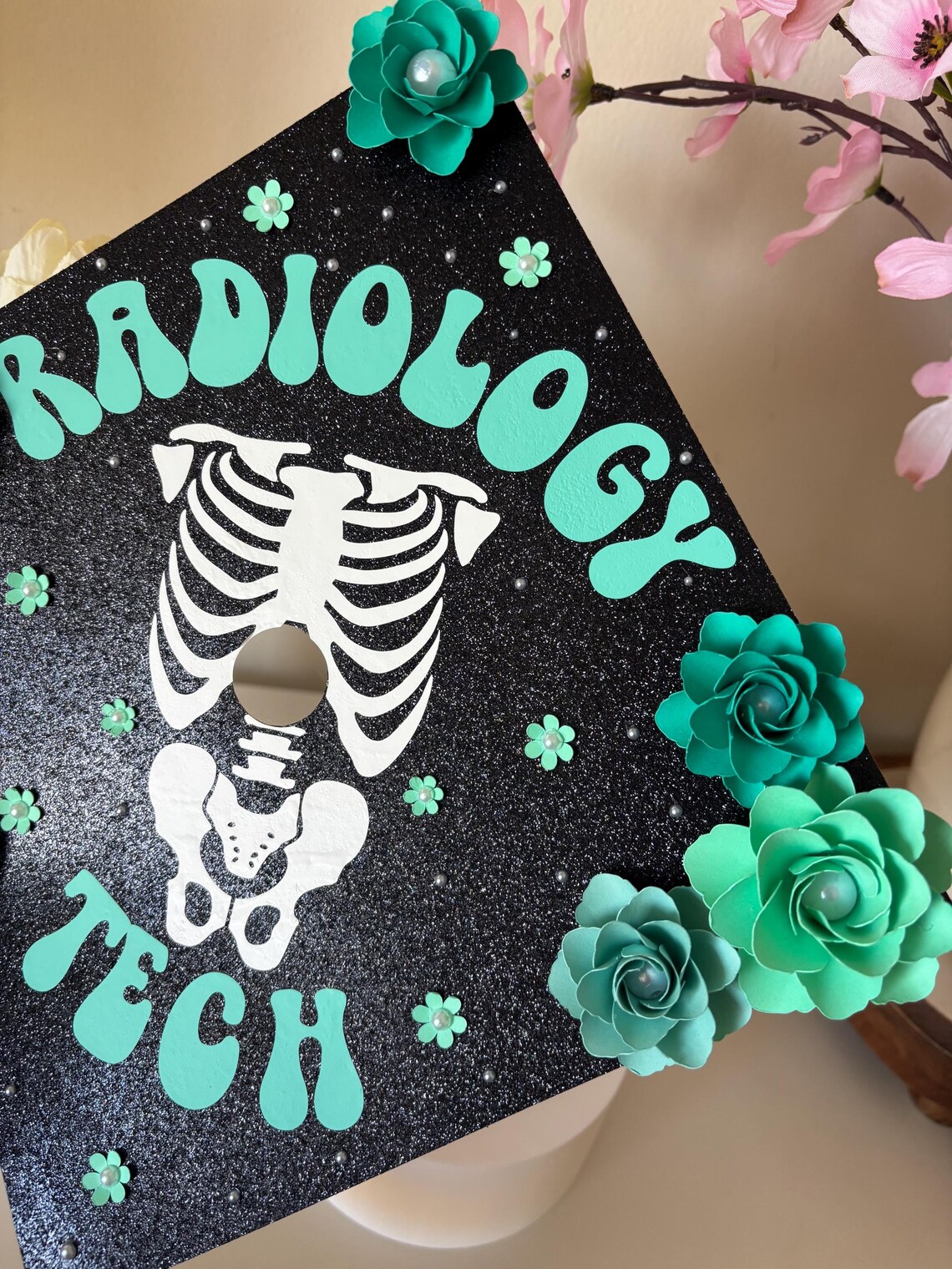 Cap Designs Radiology Radiology Tech Graduation Cap Topper | X Ray Skeleton Grad Cap | Teal ...