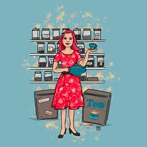 Puede incluir: Una mujer con cabello rojo se encuentra frente a un estante de tarros de t&eacute;. Ella sostiene una tetera azul en una mano y una taza de t&eacute; en la otra. El estante est&aacute; etiquetado como "The Tea Enthusiasts".