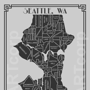 May include: A black and white map of Seattle, Washington, showing the city's neighborhoods and districts. The map is framed in a black and white border.