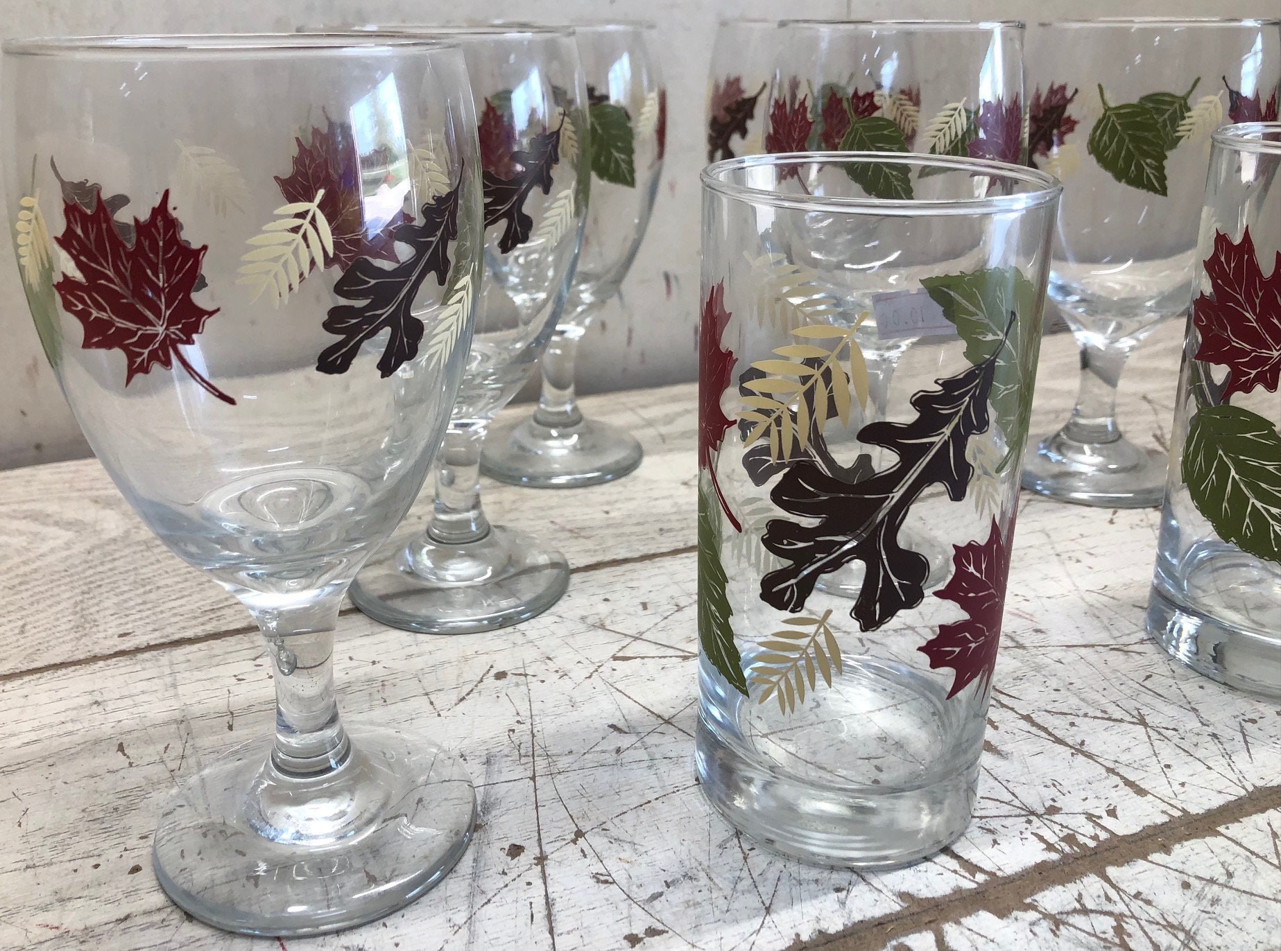 Set of 9 Libbey Crisa Glasses Tumblers Wine Goblets Fall Autumn Leaves ...