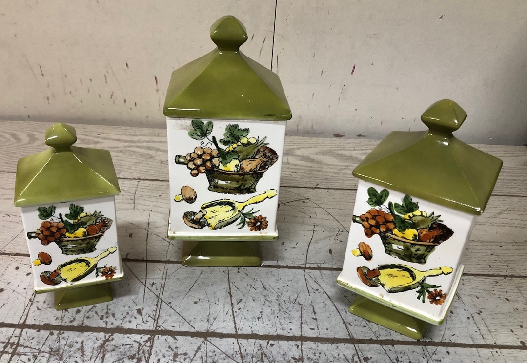 Set of 3 HR Ceramic Canisters Olive Green Fruit Vegetable Etsy UK