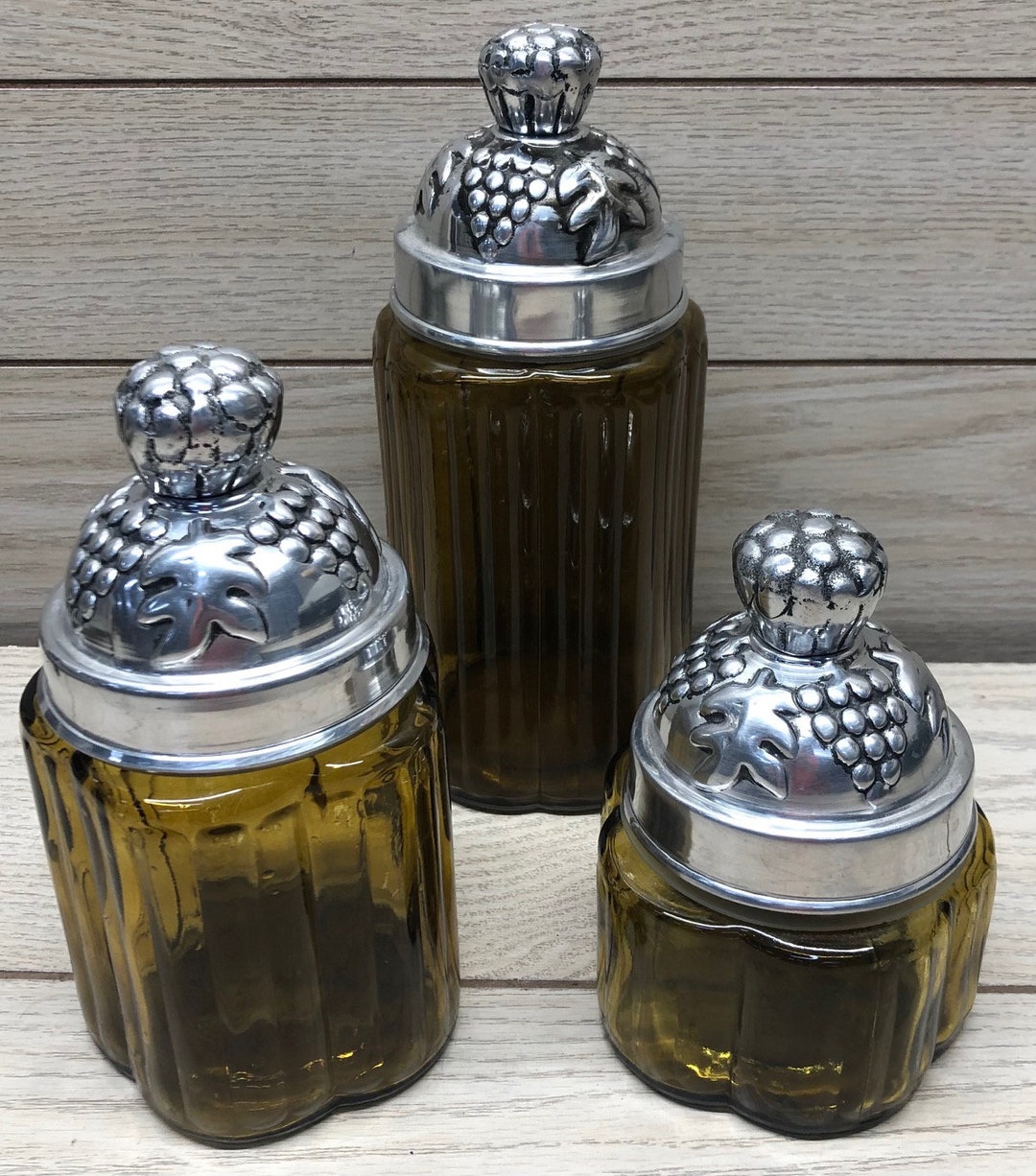 Set De 4 Bocaux De Cuisine En Verre Texturé Ambré L.E. Smith - Années 1960