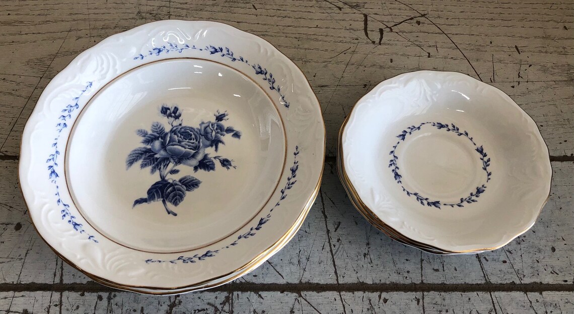 Gibson Housewares China Set White With Gold Trim & Blue Flowers Shallow Bowls Etsy