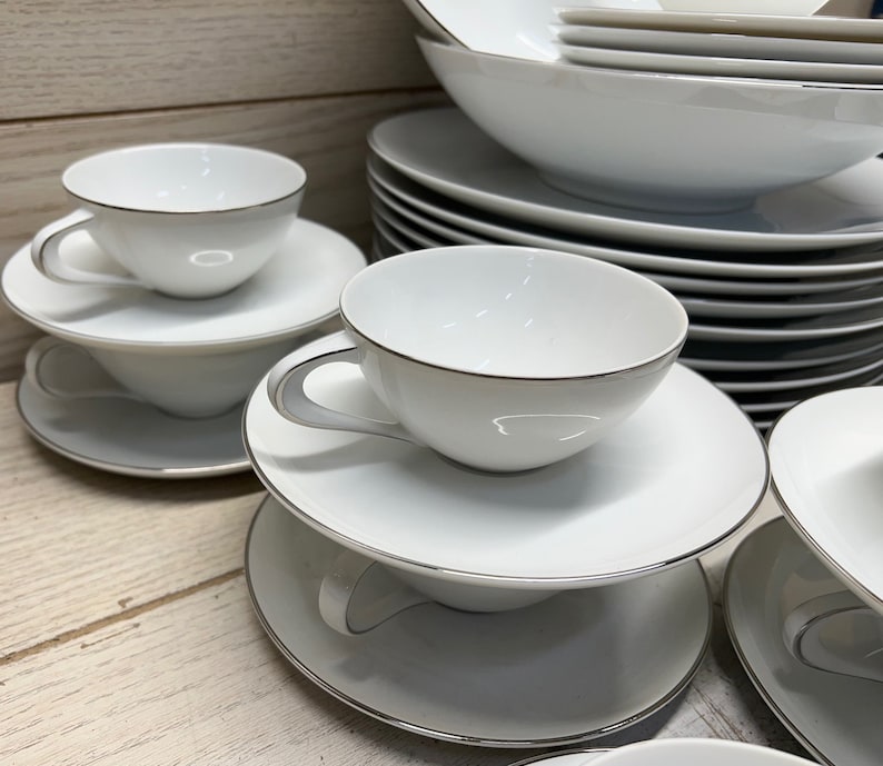56pc Style House Platinum Ring Fine China Dinner Plates Bowls Cups