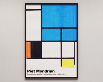 Mondrian Print, Piet Mondrian Art Print 'Composition with Large Blue Plane' Abstract Painting, Mid Century Modern Cubist Wall Art