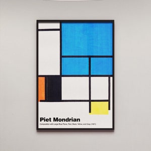 Mondrian Print, Piet Mondrian Art Print &#39;Composition with Large Blue Plane&#39; Abstract Painting, Mid Century Modern Cubist Wall Art