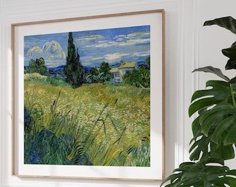 May include: A framed painting of a landscape with a tall, dark green tree in the center. The painting is in a style reminiscent of Vincent van Gogh, with thick brushstrokes and vibrant colors. The landscape features a field of yellow wildflowers, a small house in the distance, and a blue sky with white clouds.