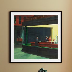 Nighthawks Edward Hopper Square Print Mid Century Modern Wall Art, Modern Realist Painting Home Office Decor Printed Wall Art
